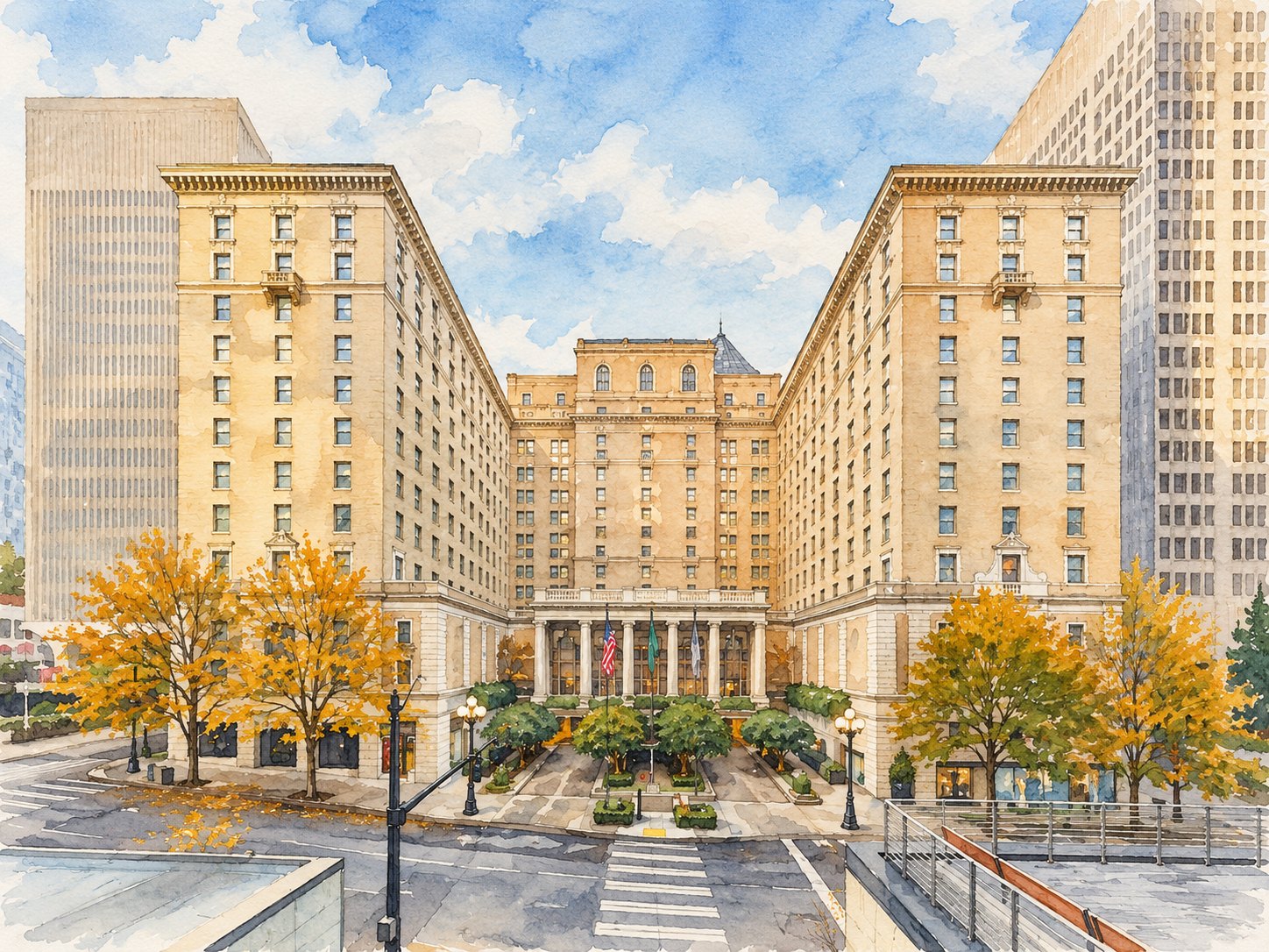 Watercolor painting of the Fairmont Olympic Hotel in downtown Seattle